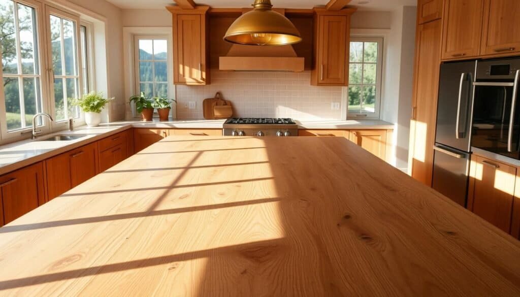 A sun-drenched kitchen with a wooden island as the centerpiece, its natural grain and warmth complementing the minimalist cabinetry. Soft shadows dance across the smooth, sanded surface, highlighting the intricate patterns and knots. Overhead, a pendant light casts a golden glow, illuminating the organic textures. The backsplash features a delicate tile pattern that echoes the wood's earthy tones. Potted herbs on the windowsill add a touch of verdant life, while the view outside frames a lush, verdant landscape. The entire scene exudes a sense of rustic elegance, inviting the viewer to experience the harmonious blend of nature and modern design.