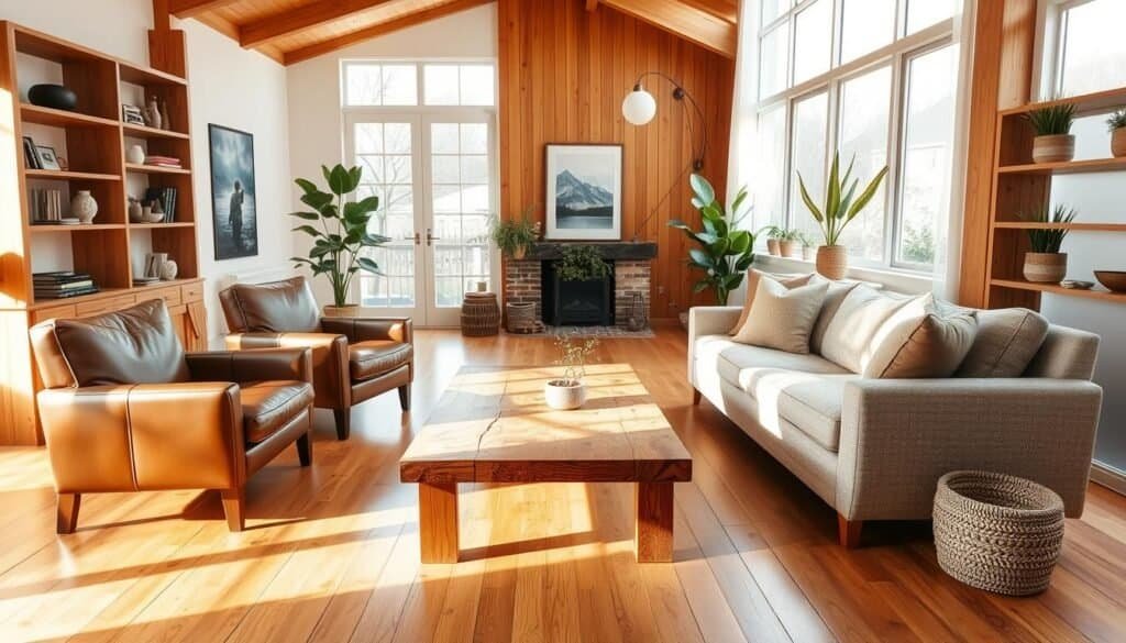 A sun-drenched living room with warm, natural wood elements throughout. Honey-toned hardwood floors and a central wooden coffee table with a smoothed, weathered surface. Surrounded by a cozy seating arrangement of leather armchairs and a plush, textured sofa. Wooden shelving units line the walls, displaying decorative objects and potted plants. Soft, diffused lighting filters in through large windows, highlighting the rich grains and tones of the wood. A sense of organic comfort and inviting atmosphere pervades the space.