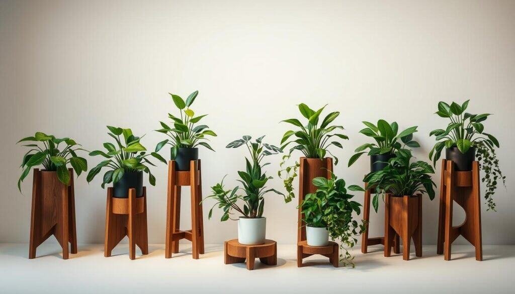A thoughtfully crafted arrangement of elegant wooden plant stands, meticulously designed to elevate and showcase an array of lush, verdant foliage. The stands, crafted from finely grained wood, feature clean lines and minimalist forms that exude a sense of timeless sophistication. The lighting, a soft, diffused glow, casts a warm, inviting ambiance, accentuating the natural beauty of the wood and the vibrant plant life it supports. The composition, with the plant stands positioned at varying heights and angles, creates a visually captivating and harmonious display, drawing the eye to the graceful interplay of organic shapes and textures. This serene, nature-inspired scene offers a refined and inviting solution to bring the calming presence of greenery into any space.