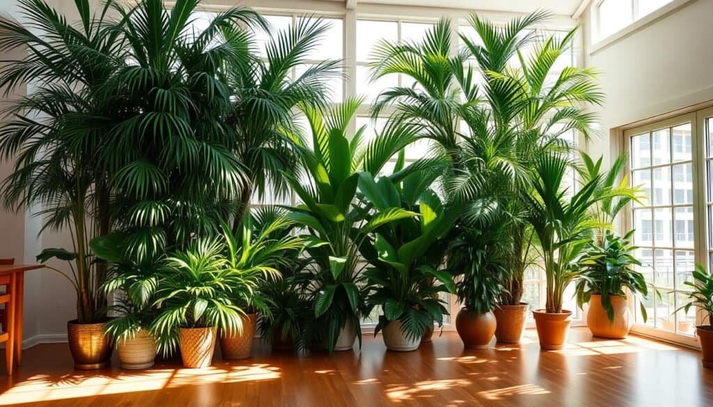 A towering indoor jungle of lush, verdant floor plants standing tall in a sun-drenched room. Elegant and graceful, the plants' long fronds and broad leaves create a sense of lightness and airiness, softening the space. Gentle natural light filters in through large windows, casting a warm, glowing ambiance and casting long shadows across the polished hardwood floors. The plants are arranged thoughtfully, with varying heights and textures that draw the eye upwards, creating a tranquil and inviting atmosphere perfect for relaxation.