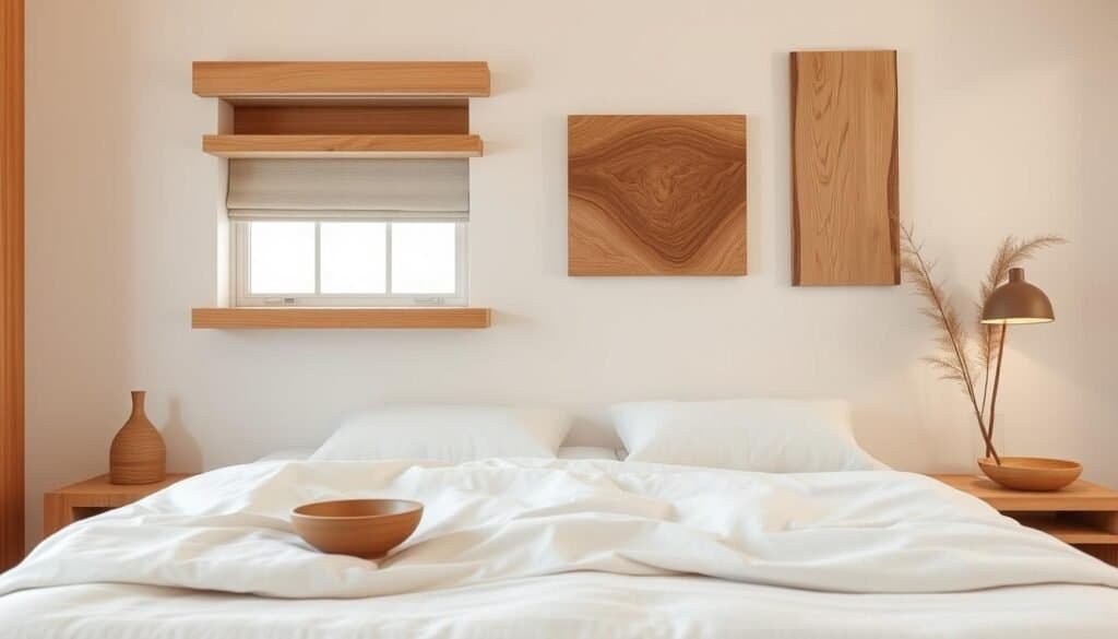 A tranquil arrangement of 8 simple, natural wood accents in a warm, inviting bedroom setting. Soft, diffused lighting casts a gentle glow, highlighting the organic grain and texture of the wood pieces. A mix of smooth, polished and rustic, unfinished surfaces creates visual interest. Carefully curated wooden elements, such as a floating shelf, window trim, a bedside table, and decorative bowls, are elegantly positioned to complement the serene, minimalist décor. The overall atmosphere evokes a sense of calm, grounded comfort.