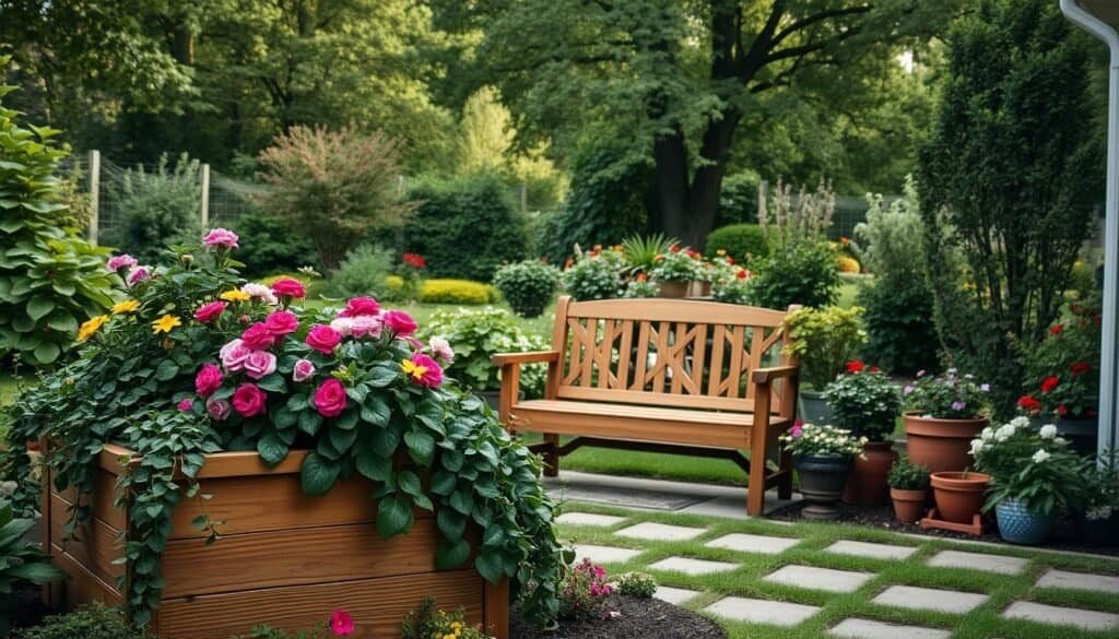 A tranquil backyard oasis with a wooden bench nestled among lush greenery and vibrant flowers. In the foreground, a handcrafted planter box from The Sawdust Man overflows with cascading vines and colorful blooms. The middle ground features a sturdy wooden bench inviting relaxation, surrounded by a mix of potted plants and shrubs. In the background, a verdant garden tapestry of towering trees and well-tended flowerbeds creates a serene, natural ambiance. Soft, warm lighting illuminates the scene, casting a cozy glow and highlighting the rustic, earthy tones of the wooden elements. The overall composition evokes a sense of relaxation and rejuvenation, perfectly capturing the essence of a tranquil backyard nook.