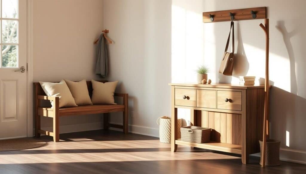 A tranquil entryway with a rustic wooden bench, a sleek console table, and a stylish coat rack. Soft natural lighting illuminates the scene, casting warm shadows across the carefully curated pieces. The bench features plush, neutral-toned cushions, inviting visitors to pause and unwind. The console table, with its clean lines and subtle hardware, provides ample storage for keys, mail, and other daily essentials. The coat rack, crafted from sturdy wood, stands ready to neatly organize outerwear. An air of serene organization pervades the space, creating a calming, functional atmosphere.