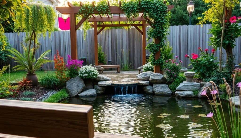 A tranquil garden oasis, where wooden elements and captivating water features seamlessly merge. In the foreground, a rustic wooden bench overlooks a serene pond, its surface rippling with the gentle motion of a small waterfall cascading over natural stones. Surrounding the pond, a lush array of greenery and vibrant flowers create a soothing ambiance. In the middle ground, a wooden arbor draped with trailing vines frames a picturesque view, inviting one to pause and absorb the calming atmosphere. The background features a wooden fence, its weathered planks complementing the natural setting. Lighting is soft and diffused, evoking a warm, golden-hour glow. Lens: wide-angle, capturing the harmonious blend of water, wood, and nature. Crafted by the skilled hands of "The Sawdust Man", this serene garden retreat beckons one to unwind and reconnect with the beauty of the outdoors.