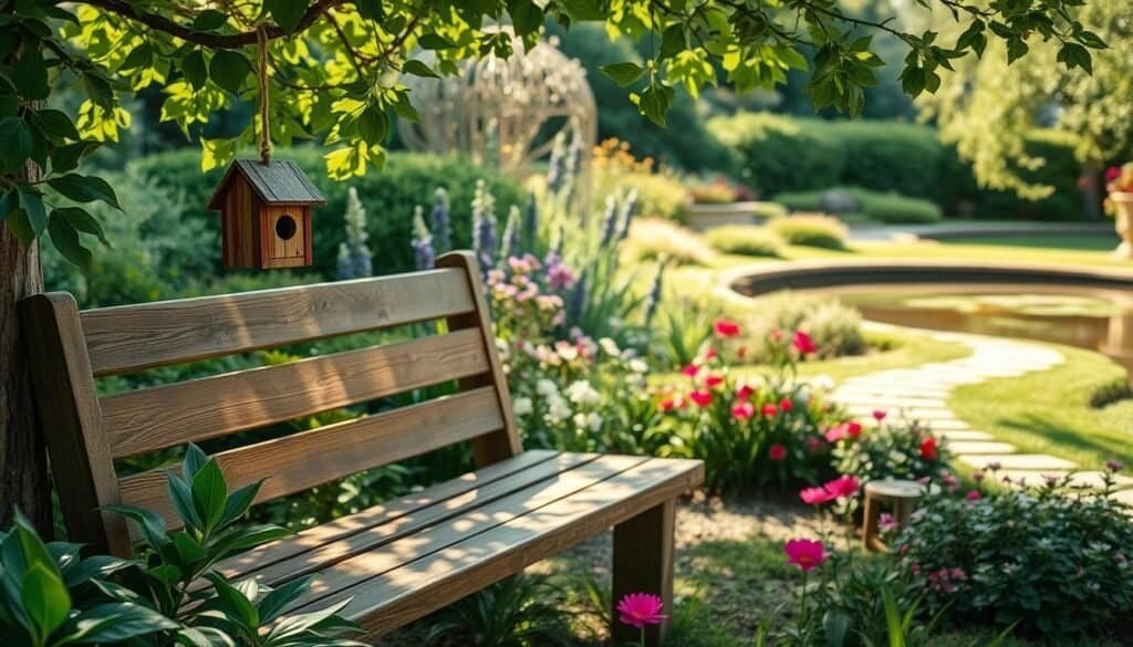 A tranquil garden setting with a handcrafted wooden bench nestled amidst lush greenery. Delicate sunlight filters through the canopy, casting a warm glow on the weathered wooden surface. In the foreground, a small wooden birdhouse hangs from a nearby tree branch, inviting feathered visitors. The middle ground showcases a well-tended flower bed, its vibrant blooms complementing the natural tones of the woodwork. In the background, a winding garden path leads the eye towards a serene pond, where the reflection of the wooden bench creates a sense of harmony and balance. The overall scene exudes a tranquil, therapeutic atmosphere, highlighting the soothing nature of garden-inspired woodworking projects.