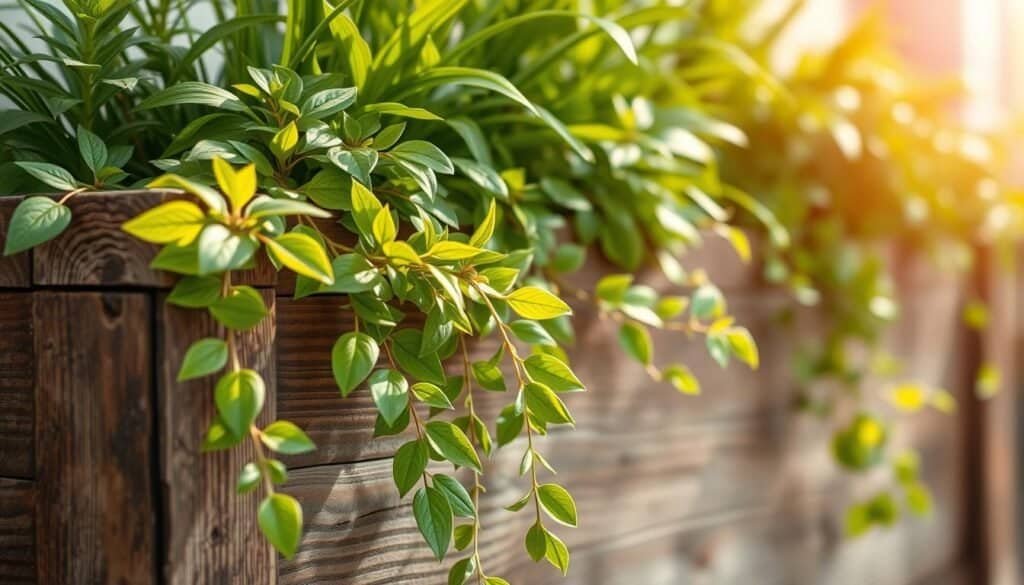 A tranquil, natural arrangement of a wooden planter box overflowing with lush, vibrant greenery. The rustic, weathered wood contrasts beautifully with the soft, delicate leaves cascading over the edges. Sunlight gently filters through the plants, casting warm, golden hues across the scene. The overall composition conveys a sense of harmony and balance, evoking feelings of serenity and mindfulness. Captured in a clean, minimalist style with a slightly tilted, close-up angle to emphasize the organic textures and shapes.