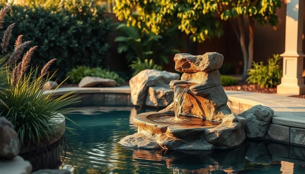 A tranquil outdoor scene featuring a handcrafted water feature, surrounded by lush greenery and natural textures. A rustic stone fountain cascades gently into a serene pool, creating a soothing ambiance. Warm, diffused lighting illuminates the scene, casting soft shadows and highlighting the craftsmanship of the water feature. The composition showcases the natural integration of the handmade element into the serene backyard setting. Realistic, high-quality textures and materials convey a sense of authenticity and attention to detail. The image evokes a peaceful, inviting atmosphere ideal for a tranquil outdoor oasis.