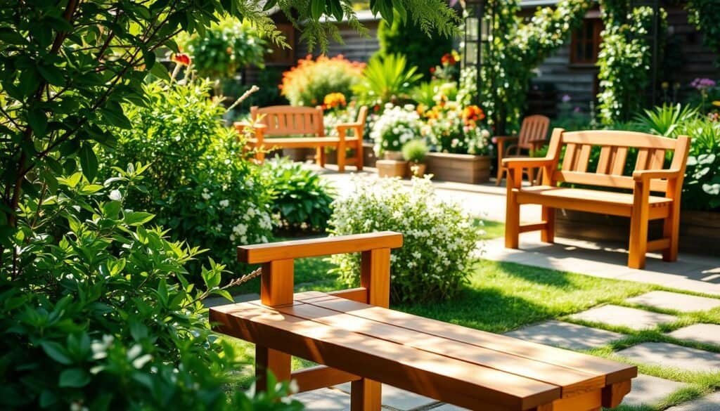 A tranquil outdoor setting featuring a collection of handcrafted wooden garden benches from The Sawdust Man. Sturdy yet elegant, the benches are fashioned from rich, natural wood grains in warm tones. Sunlight filters through the lush foliage, casting a serene ambiance. In the foreground, a simple yet beautifully designed bench invites relaxation, its clean lines and smooth finish complementing the verdant surroundings. In the middle ground, additional benches are strategically placed, offering cozy nooks for quiet contemplation. The background showcases a well-maintained garden, with vibrant flowers and verdant plants framing the scene. The overall composition evokes a sense of peaceful harmony, where nature and craftsmanship converge to create a truly inviting and serene outdoor retreat.