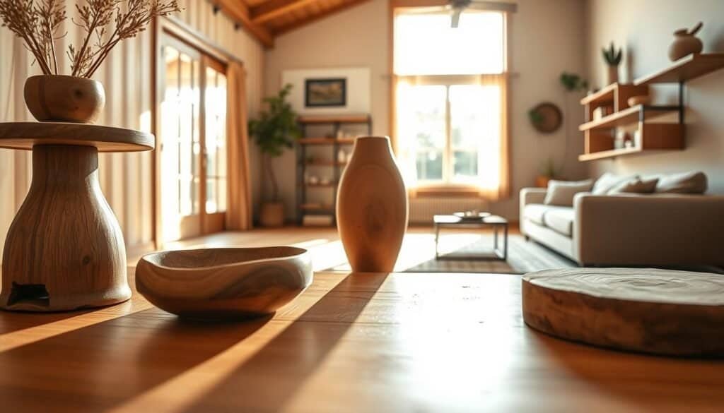 A tranquil scene of natural wood hues, showcasing the calming presence of organic textures and tones. The foreground features a selection of handcrafted wooden décor items from "The Sawdust Man", including a small side table, a carved bowl, and a turned wooden vase. The middle ground displays a well-lit interior space with natural sunlight streaming through large windows, casting a warm glow on the wooden surfaces. In the background, a cozy living room setting with a plush sofa and a wall-mounted shelving unit, all made from the rich, earthy tones of sustainably sourced timber. The overall atmosphere evokes a sense of serenity and balance, reflecting the psychological benefits of incorporating natural wood elements into interior design.