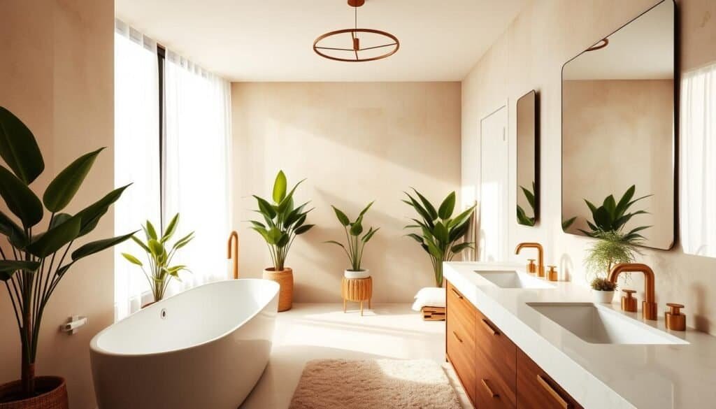 A tranquil, spa-like bathroom with warm, earthy tones and a minimalist design. Natural light cascades through large windows, casting a soft glow on the smooth, white marble countertops and freestanding bathtub. Sleek, wooden vanity with brushed brass fixtures complement the neutral color palette. Lush, potted plants and a plush, textured rug add organic touches, creating a calming, restorative atmosphere. Overhead, a modern, minimalist light fixture diffuses a gentle ambiance. The entire scene exudes a sense of serenity and intentional, refined simplicity.