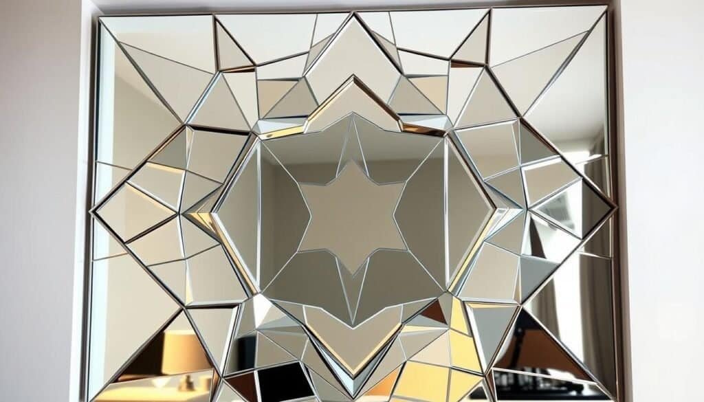 A unique and visually striking mirror wall, crafted with precision and elegance. Geometric shapes and angles intertwine, creating a captivating focal point that commands attention. The mirrors are framed in a sleek, modern design, their reflective surfaces playing with light and casting a warm, ambient glow throughout the space. The arrangement is both symmetrical and dynamic, drawing the eye inward and outward simultaneously. A stunning centerpiece that breathes life into a once lifeless room, this mirror wall exudes a sense of depth, complexity, and refined sophistication.