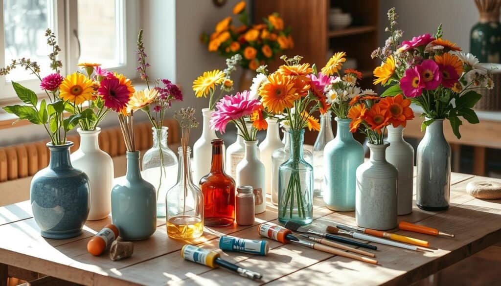 A vase makeover workshop scene. A collection of vintage ceramic vases and glass bottles in various shapes and sizes sit on a rustic wood table, adorned with colorful acrylic paints, brushes, and floral clippers. Soft, natural daylight filters through a window, casting warm shadows and highlights across the workspace. Bouquets of freshly cut flowers in vibrant hues surround the vases, providing inspiration for unique floral arrangements. The scene exudes a sense of creativity, DIY charm, and a love for upcycling and repurposing everyday items into personalized home décor.