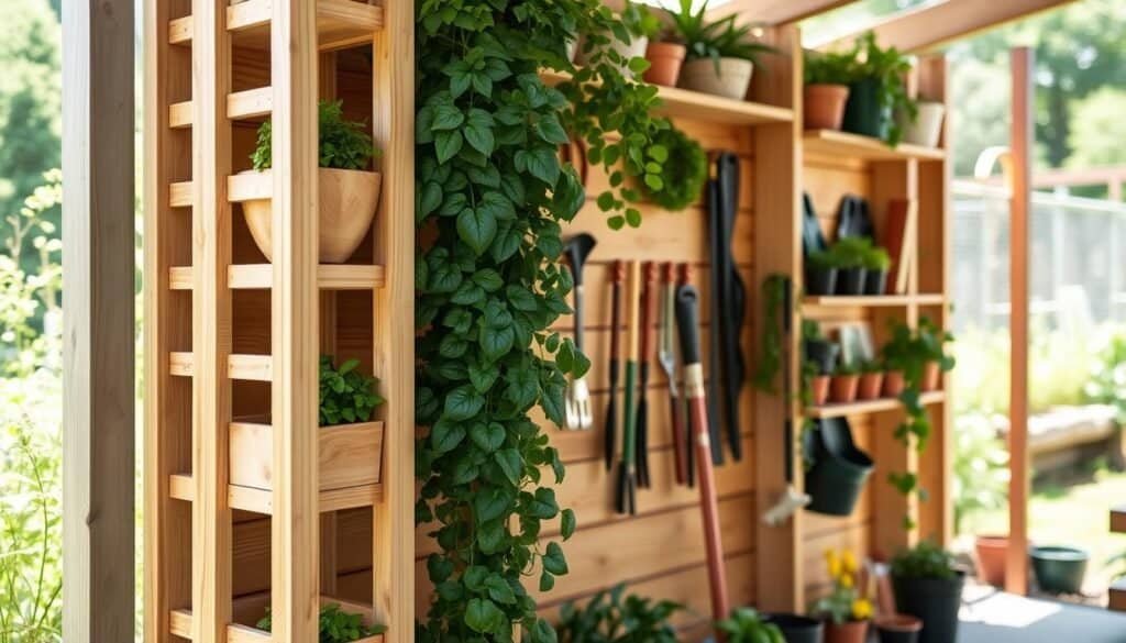 A vertical garden storage unit crafted by The Sawdust Man, showcasing clean, natural wood construction. The foreground features neatly stacked wooden shelves and planters, with lush greenery cascading down. The middle ground displays a selection of gardening tools and accessories, complementing the rustic aesthetic. The background depicts a sunlit garden scene, with a warm, inviting atmosphere. The lighting is soft and diffused, highlighting the texture and grain of the wood. The camera angle is slightly elevated, providing a comprehensive view of the entire storage system. The overall scene conveys a sense of organization, functionality, and a passion for sustainable gardening.