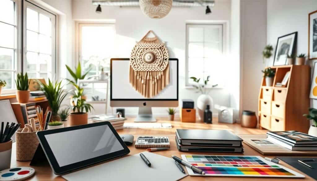 A vibrant and inviting workspace, filled with a variety of digital tools and apps for custom wall art design. In the foreground, a tablet and stylus sit atop a neatly organized desk, with various color palettes and vector-based design elements nearby. In the middle ground, a sleek desktop computer displays a 3D rendering of a personalized wall hanging, its intricate details and textures visible. The background showcases a clean, well-lit home studio setting, with large windows allowing natural light to pour in, casting a warm, inspiring glow over the entire scene. The overall atmosphere exudes a sense of creativity, productivity, and the endless possibilities of digital wall art design.