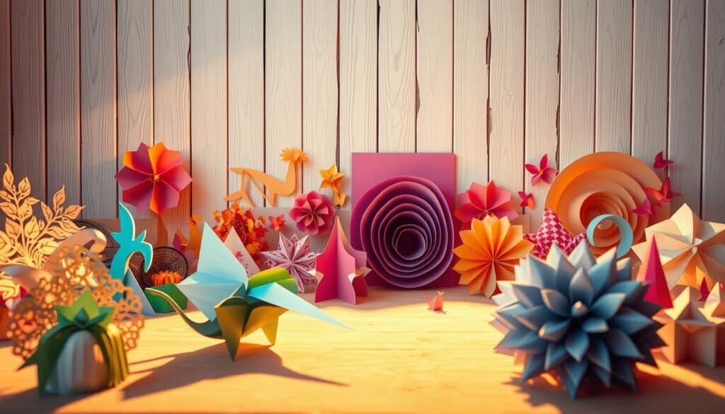 A vibrant and textural collage of paper art projects, captured in a beautifully lit studio setting. In the foreground, intricate paper sculptures and origami forms cast dynamic shadows, while in the middle ground, delicate paper cutouts and layered compositions create a sense of depth and movement. The background features a minimal, whitewashed wooden wall, allowing the vibrant hues and tactile nature of the paper works to take center stage. Warm, natural lighting from the side illuminates the pieces, highlighting their dimensional qualities and the subtle nuances of the various paper textures. The overall mood is one of creativity, craftsmanship, and a celebration of the versatility of this simple, yet captivating medium. A vibrant and textural collage of paper art projects, captured in a beautifully lit studio setting. In the foreground, intricate paper sculptures and origami forms cast dynamic shadows, while in the middle ground, delicate paper cutouts and layered compositions create a sense of depth and movement. The background features a minimal, whitewashed wooden wall, allowing the vibrant hues and tactile nature of the paper works to take center stage. Warm, natural lighting from the side illuminates the pieces, highlighting their dimensional qualities and the subtle nuances of the various paper textures. The overall mood is one of creativity, craftsmanship, and a celebration of the versatility of this simple, yet captivating medium.