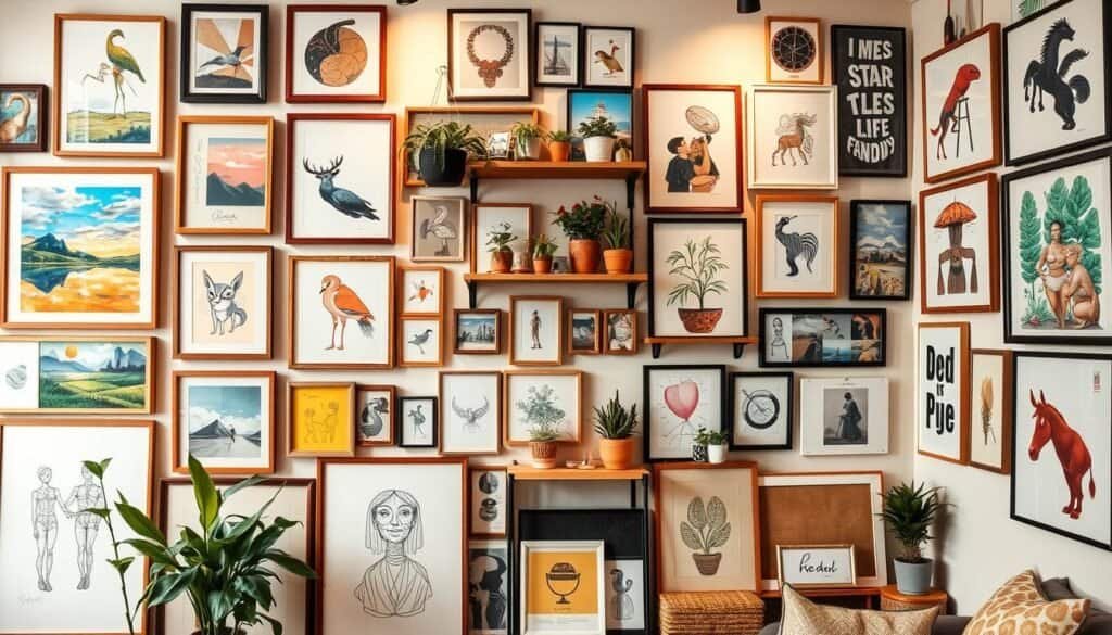 A vibrant collage of eclectic wall art, showcasing a diverse array of printable designs. In the foreground, a stylish gallery wall features an array of framed paintings, sketches, and abstract prints, meticulously arranged to create a cohesive, personalized display. The middle ground showcases a mix of hanging potted plants, decorative shelves, and carefully curated knick-knacks, adding depth and visual interest. The background is a warm, inviting space, with soft, diffused lighting that casts a cozy glow, highlighting the textures and materials of the various artworks. The overall atmosphere exudes a sense of creativity, self-expression, and a touch of whimsy, perfectly capturing the spirit of the "Printable Wall Collages to Express Your Personality" section.