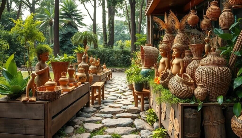 A vibrant display of natural material crafts, showcasing an array of handmade treasures nestled amidst lush greenery. In the foreground, a rustic wooden planter overflows with a bountiful assortment of woven baskets, carved wooden figures, and twig-woven vases, all radiating an organic, earthy beauty. The middle ground features a collection of smooth river stones, carefully arranged to create a serene pathway, leading the eye towards a backdrop of towering trees and verdant foliage. Warm, diffused lighting casts a soft, inviting glow, highlighting the intricate textures and rich hues of the natural materials. The overall scene exudes a sense of tranquility and harmony, where the handcrafted elements seamlessly blend with the natural environment, creating a captivating and inviting outdoor space.