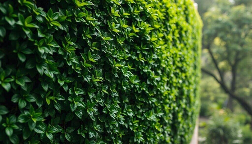 A vibrant green plant-covered wall, with lush foliage cascading down the surface in a natural, untamed pattern. The leaves are shimmering in the soft, diffused lighting, creating a serene and calming atmosphere. The image captures the middle ground, showcasing the verdant display in crisp detail, while the background fades into a blurred, natural setting, hinting at a peaceful outdoor environment. The overall composition evokes a sense of organic beauty and a connection to the natural world, perfectly suited to enhance a space and create a calming, plant-based ambiance.