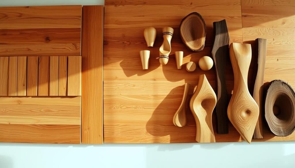 A vibrant, rustic wood wall art display featuring a mix of natural textures and soothing tones. In the foreground, intricate wooden panels with a warm, weathered finish are arranged in a dynamic, asymmetrical pattern. The middle ground showcases handcrafted wooden sculptures, each with its own unique grain and shape, casting gentle shadows across the wall. In the background, a softly-lit, textured wooden surface provides a cohesive and visually-striking backdrop, creating a sense of depth and dimension. The overall composition exudes a sense of artisanal charm and effortless elegance, perfectly complementing the cozy, inviting atmosphere of the space.