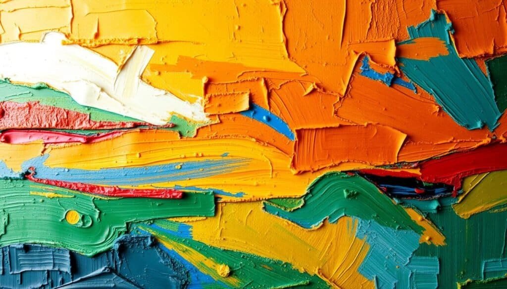 A vibrant, textured wall art piece created with impasto painting technique. The canvas displays bold, expressive brushstrokes in a variety of colors, ranging from rich ochres and earthy siennas to vibrant blues and greens. The thick, sculptural paint creates depth and movement, drawing the viewer's eye across the dynamic surface. Warm, diffuse lighting casts soft shadows, highlighting the tactile, handcrafted quality of the work. The composition is balanced and visually striking, creating a captivating abstract landscape that would make a stunning focal point for any interior space. A vibrant, textured wall art piece created with impasto painting technique. The canvas displays bold, expressive brushstrokes in a variety of colors, ranging from rich ochres and earthy siennas to vibrant blues and greens. The thick, sculptural paint creates depth and movement, drawing the viewer's eye across the dynamic surface. Warm, diffuse lighting casts soft shadows, highlighting the tactile, handcrafted quality of the work. The composition is balanced and visually striking, creating a captivating abstract landscape that would make a stunning focal point for any interior space.