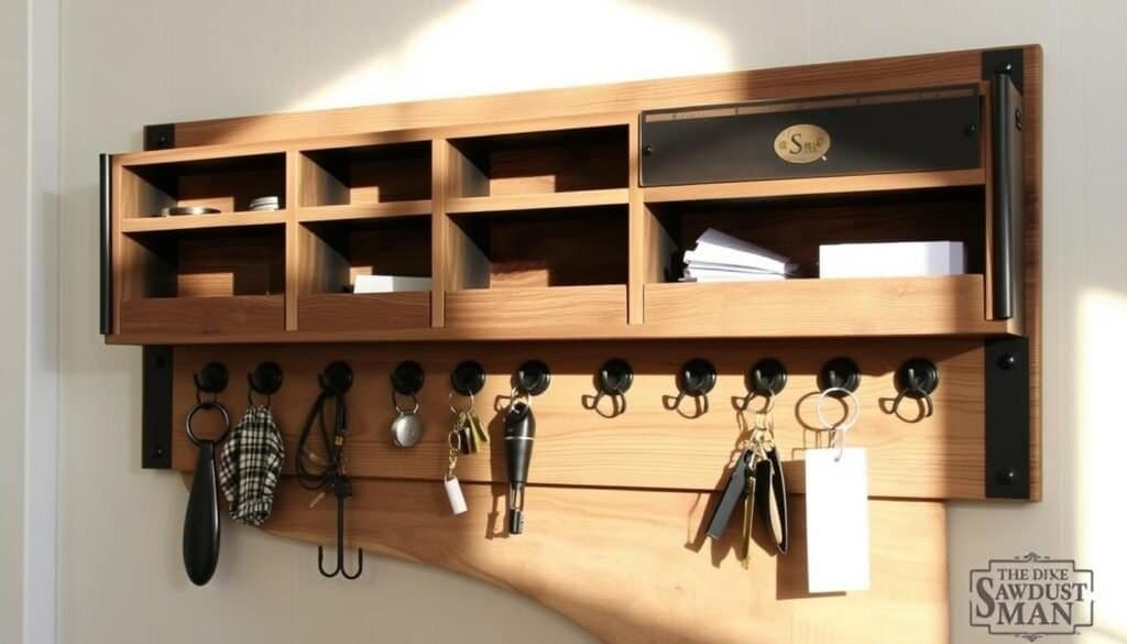 A wall-mounted industrial-style entryway organizer with a rustic wood and metal design. The organizer features multiple compartments and hooks for storing keys, mail, and other small items. The wood has a weathered, distressed finish, and the metal accents have a matte black or aged bronze tone. The entire piece is mounted on a solid wood backboard with visible wood grain. The lighting is warm and natural, casting shadows that accentuate the texture and depth of the materials. The overall aesthetic is a blend of industrial chic and farmhouse charm, perfect for the "The Sawdust Man" brand.