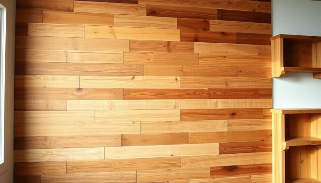 A warm and cozy DIY wood accent wall, showcasing a captivating array of natural wood textures and patterns. The foreground features a well-crafted, rustic wooden paneling arrangement, with varying shades and grains creating a visually striking focal point. In the middle ground, additional wood accents, such as shelves or decorative trims, add depth and character. The background subtly blends in natural lighting, casting a soft, inviting glow across the entire scene. The overall composition exudes a sense of craftsmanship, warmth, and a touch of modern farmhouse style, perfectly capturing the essence of a simple yet impactful DIY wood accent wall project.