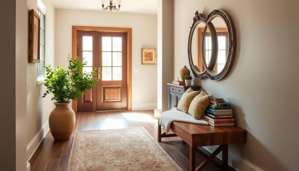 A warm and inviting entryway with a custom wooden bench, plush area rug, and decorative vase holding lush greenery. Soft, natural lighting filters in through a large window, casting a cozy glow. The walls are painted in a soothing neutral tone, complementing the rustic wood tones. An ornate mirror reflects the space, adding depth and visual interest. Tasteful accessories like a potted plant and artfully placed books create a welcoming atmosphere, setting the tone for the rest of the living space.
