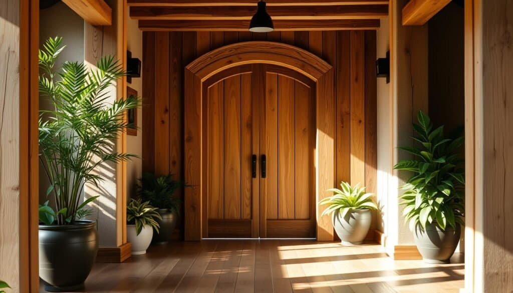 A warm and inviting entryway with natural wood accents. A sturdy wooden door framed by a rustic arch, its grain gleaming in the soft, natural light. Lush potted plants flank the entrance, their green foliage creating a welcoming, earthy ambiance. The wooden floor boards extend into the space, their texture and color echoing the door. Overhead, a simple, wood-beamed ceiling casts gentle shadows, creating a cozy, intimate atmosphere. The scene exudes a sense of comfort and homeliness, inviting visitors to step inside and experience the tranquility of a natural, harmonious living space.