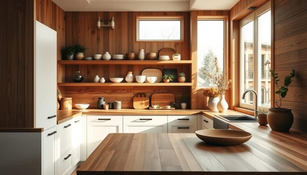 A warm and inviting kitchen interior, softly lit by natural light streaming through large windows. Prominent wood accents create a cozy, rustic ambiance - a smooth, sleek wooden countertop anchors the space, complemented by wooden open shelving displaying artfully arranged ceramics and plants. Textured wood paneling covers the walls, adding depth and character. The wooden elements are balanced by clean white cabinetry and minimalist decor, resulting in a harmonious, Scandinavian-inspired aesthetic. The overall scene evokes a sense of mindfulness and simplicity, perfect for a contemplative meal. A warm and inviting kitchen interior, softly lit by natural light streaming through large windows. Prominent wood accents create a cozy, rustic ambiance - a smooth, sleek wooden countertop anchors the space, complemented by wooden open shelving displaying artfully arranged ceramics and plants. Textured wood paneling covers the walls, adding depth and character. The wooden elements are balanced by clean white cabinetry and minimalist decor, resulting in a harmonious, Scandinavian-inspired aesthetic. The overall scene evokes a sense of mindfulness and simplicity, perfect for a contemplative meal.