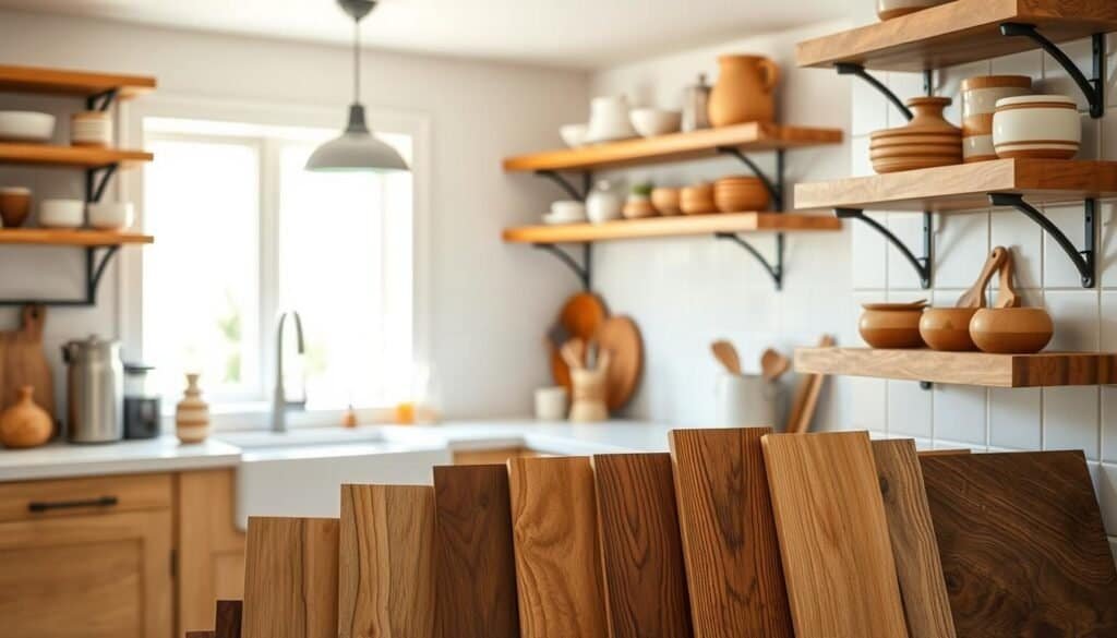 A warm and inviting kitchen showcasing the natural charm of various wood types. In the foreground, a collection of wooden shelves displaying kitchen essentials, crafted by "The Sawdust Man". The middle ground features an array of wood samples, including oak, maple, and walnut, each with their unique grain patterns and tones. In the background, a softly lit window offers a glimpse of a cozy, sun-drenched kitchen, emphasizing the tranquil, rustic atmosphere. Captured with a clean, realistic lens, this image celebrates the timeless beauty and versatility of wood in kitchen design.
