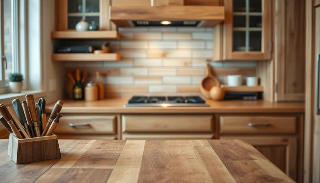 A warm and inviting kitchen with an accent wall and backsplash featuring natural wood elements. The wood has a rich, rustic grain and a matte finish, complemented by soft, even lighting. In the foreground, a wooden countertop with a butcher block design, along with a set of The Sawdust Man's high-quality woodworking tools. In the middle ground, a subway tile backsplash with a herringbone pattern accentuates the wood accents. The background showcases a wood-paneled accent wall, creating a cozy and cohesive atmosphere that elevates the kitchen's overall design.