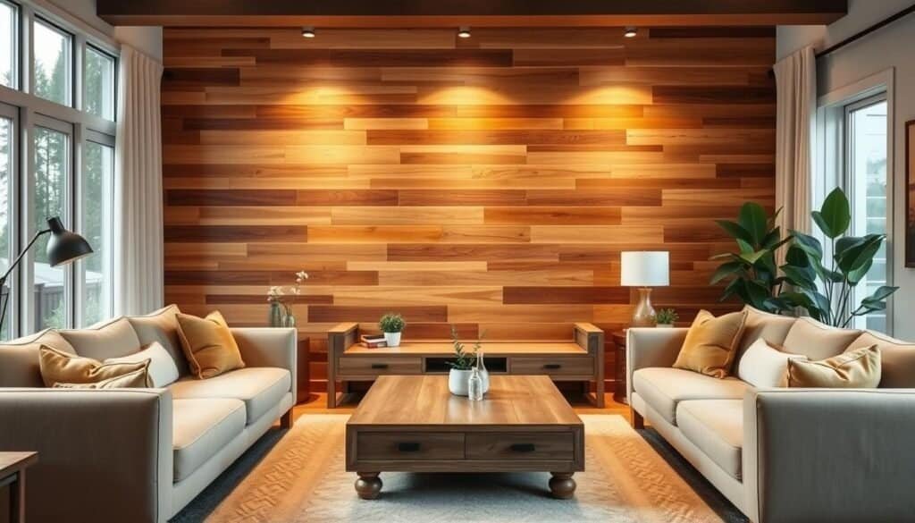A warm and inviting living room with a stunning wood accent wall as the focal point. The wall features a mix of natural wood tones, ranging from rich walnut to light oak, arranged in a visually striking horizontal pattern. Soft, indirect lighting casts a cozy glow, highlighting the beautiful grain and texture of the wood. The room is furnished with plush, neutral-toned sofas and armchairs, complementing the wood tones and creating a harmonious, modern farmhouse-inspired atmosphere. A large, low-profile coffee table in a distressed wood finish ties the room together, while potted plants and minimal décor add a touch of nature. The overall scene conveys a sense of warmth, comfort, and refined rustic elegance.