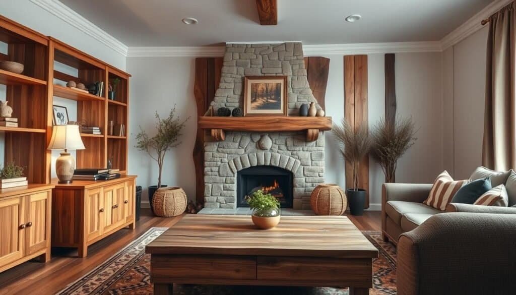 A warm and inviting living room with natural wood accents that create a cozy, rustic ambiance. The camera captures a scene featuring a wooden coffee table, shelving units, and an ornate wooden fireplace mantel. The lighting is soft and diffused, highlighting the rich grain and texture of the wood. The room is filled with earthy tones and natural elements, evoking a sense of comfort and relaxation. The composition showcases the harmonious integration of wood in various forms, from functional furnishings to decorative elements, seamlessly blending with the overall interior design.