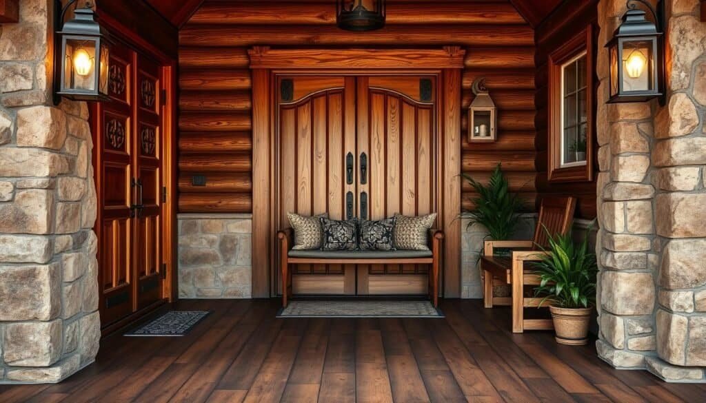 A warm and inviting wood entryway with a rustic, artisanal aesthetic. Featuring a handcrafted solid wood door with intricate carvings, flanked by natural stone pillars. The entryway is bathed in soft, natural lighting from a pair of vintage-style lanterns casting a cozy glow. The floor is covered in richly textured hardwood planks, leading the eye towards a well-appointed seating area with a plush bench and decorative throw pillows. Potted plants and a wooden bench add organic touches, creating a harmonious blend of textures and materials. An atmosphere of warmth, sophistication, and a touch of the outdoors.