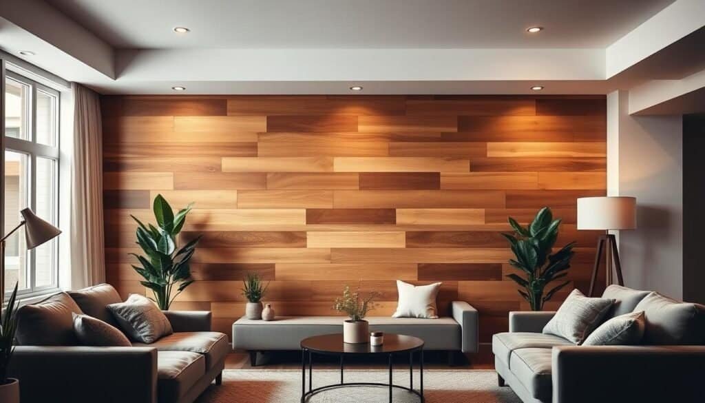 A warm and inviting wooden accent wall in a cozy, well-lit living room. Smooth, natural wood panels of varying tones and grains cover the focal wall, creating a striking visual centerpiece. Soft, diffused lighting from overhead fixtures and floor lamps casts a gentle glow, highlighting the wood's rich textures and shadows. The room's decor complements the earthy tones, with plush furnishings, potted plants, and minimal, tasteful accents that allow the wood to shine. The composition showcases the transformative power of a simple, yet impactful wood accent wall to instantly warm and elevate any interior space.
