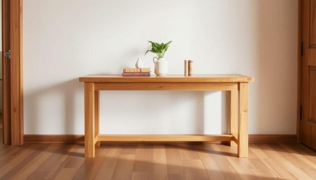 A warm and inviting wooden entryway table with a smooth, natural grain, set against a backdrop of neutral-toned walls and soft, diffused lighting. The table features a simple, minimalist design with clean lines and a sturdy, slightly distressed appearance, complementing the rustic charm of the space. Atop the table, a few carefully curated decorative elements, such as a potted plant, a small vase, and a few books, add a touch of personalization and warmth. The overall scene conveys a sense of welcoming and relaxation, drawing the viewer in and setting the tone for the rest of the home.