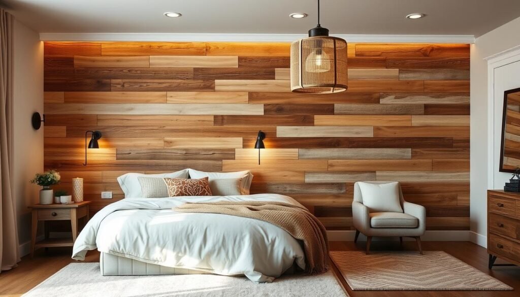 A warm, cozy bedroom with a beautifully crafted wood accent wall. The wall features a mixture of smooth, light-toned planks and rustic, weathered boards, creating a visually striking contrast. Soft lighting from sconces and a large, hanging pendant fixture cast a gentle glow, accentuating the natural grain and texture of the wood. The bedroom is decorated with neutral-toned bedding, plush area rugs, and minimal, tasteful decor, allowing the wood accent to take center stage. The overall atmosphere is one of inviting comfort and relaxation.