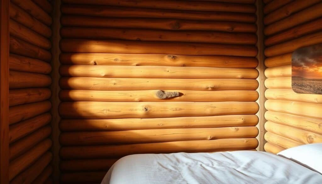 A warm, cozy bedroom with a rustic, natural appeal. A wooden log wall, its grain and texture showcased in the soft, directional lighting. The logs are arranged in a thoughtful, organic pattern, creating a visually interesting and inviting backdrop. The lighting casts a gentle, golden glow, adding to the serene and calming atmosphere. The room is sparsely furnished, with minimal decor, allowing the wooden wall to take center stage. The overall effect is one of simplicity, comfort, and a connection to the natural world.