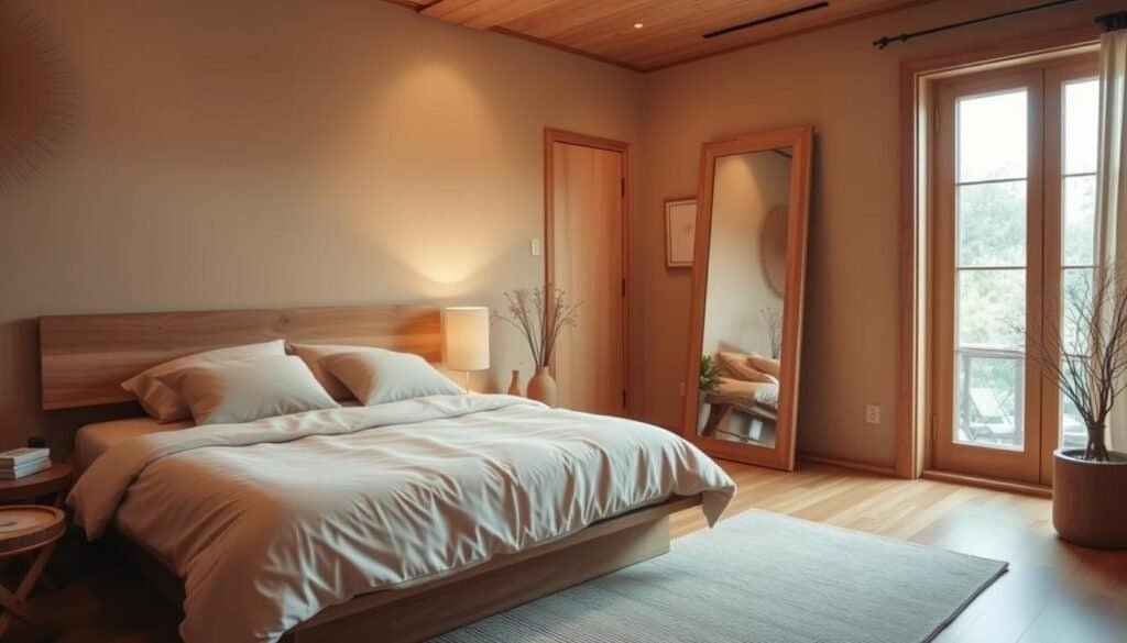 A warm, cozy bedroom with natural wooden elements. A large, low-profile bed with a plush, neutral-toned comforter and pillows. Beside it, a bedside table with a simple lamp and a potted plant. In the corner, a tall, freestanding mirror reflects the scene. The walls are a soft, earthy tone, complementing the wooden accents. Soft, diffused lighting from a window fills the space, creating a tranquil, inviting atmosphere. The overall vibe is one of relaxation and balance, with the natural wood tying everything together seamlessly.