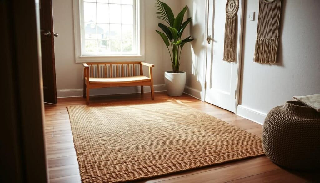 A warm, cozy jute rug anchors the entryway, its textured natural fibers adding depth and character. Sunlight filters in through a nearby window, casting a soft glow on the rug's earthy tones. The rug is flanked by simple, elegant decor pieces - a sleek wooden bench, a potted plant, and a minimalist wall hanging. The overall look is inviting and harmonious, creating a welcoming atmosphere that sets the tone for the rest of the home. The camera captures this entryway scene from a slightly elevated angle, highlighting the rug's placement and the balance of the surrounding decor.