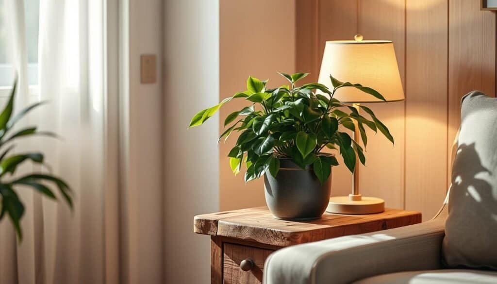 A warm, cozy living room with a rustic wooden side table, adorned with a thriving potted plant. The plant's lush foliage casts soft shadows, illuminated by the gentle glow of a table lamp. The room's neutral tones and natural textures create a harmonious, inviting atmosphere, seamlessly blending the indoors with the essence of nature. The composition emphasizes the plant's placement within the living space, showcasing how a simple addition can breathe life and tranquility into a compact area. Realistic, high-quality woodworking and home décor details. No text, words, logos, or labels.