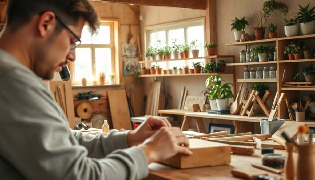 A warm, cozy workshop filled with natural light, wooden workbench, and an array of DIY tools. In the foreground, a person engrossed in a woodworking project, brow furrowed in concentration, hands skillfully shaping the wood. The middle ground showcases various DIY supplies - paints, brushes, and unfinished projects, hinting at the therapeutic process of creating. The background features shelves lined with potted plants, bringing a sense of nature and well-being into the space. The overall atmosphere is one of calm focus, the mind absorbed in the tactile experience of making, fostering a sense of mental clarity and mindfulness.