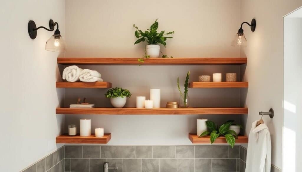 A warm, inviting bathroom with rustic wooden shelves artfully arranged. The shelves are crafted from smooth, aged oak, their natural grain patterns creating an organic, tactile charm. Soft lighting from wall sconces casts a gentle glow, enhancing the spa-like ambiance. Lush greenery in simple ceramic planters adds a touch of freshness, while fluffy white towels and minimalist decor keep the space feeling clean and serene. The shelves display an array of personal items - fragrant candles, luxurious bath products, and treasured trinkets - adding character and a sense of tranquil retreat.
