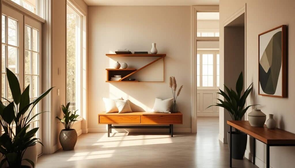 A warm, inviting entryway with a minimalist design aesthetic. Soft natural light filters through large windows, casting a cozy glow on the space. A wooden bench with plush cushions sits below an elegant, angular wall shelf displaying artful objects. The floor is covered in neutral-toned tiles, leading the eye towards the rest of the home. Carefully placed plants and a modern, abstract artwork add subtle pops of color. The overall atmosphere is one of calm, measured elegance - a welcoming transition from the outside world.