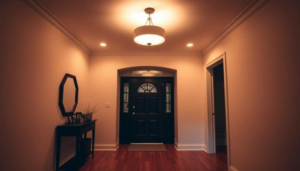A warm, inviting entryway with a statement light fixture illuminating the space. The fixture casts a soft, ambient glow, creating a welcoming atmosphere. Hardwood floors lead the eye towards the entrance, complemented by clean, minimal decor. Recessed lighting in the ceiling provides additional illumination, blending seamlessly with the main fixture. Shadows play across the walls, adding depth and texture. The overall scene exudes a cozy, sophisticated aesthetic, inspiring visitors to step inside and experience the home's charm.