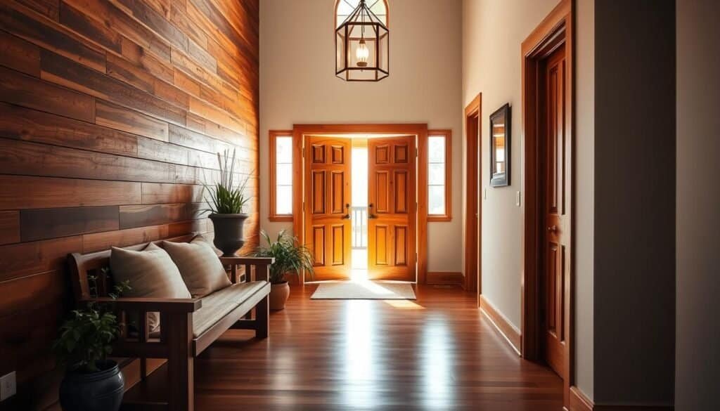 A warm, inviting entryway with a wooden accent wall, bathed in soft, natural lighting. The rich, textured wood draws the eye, creating a welcoming atmosphere. In the foreground, a sturdy, wooden bench with plush cushions invites visitors to pause and take in the space. Potted plants and a decorative urn add a touch of life, while a pendant light fixture casts a cozy glow overhead. The middle ground features a polished hardwood floor, leading the eye deeper into the home. In the background, a pair of wooden doors stand open, hinting at the comfortable spaces beyond. The overall scene exudes a sense of warmth, comfort, and attention to detail that sets the tone for the entire home.