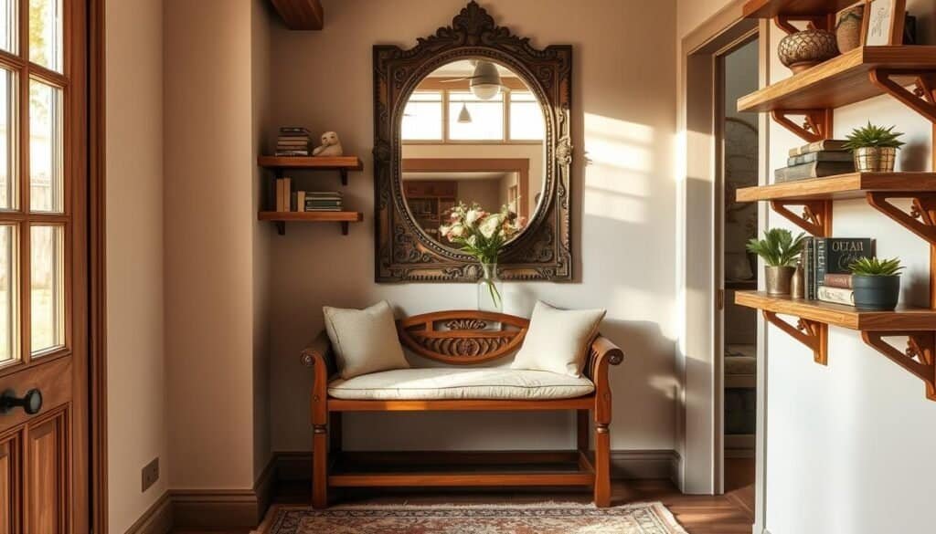 A warm, inviting entryway with rustic charm. A wooden bench with plush cushions sits beneath a large, decorative mirror. Intricate handcrafted shelves line the walls, displaying an array of carefully curated décor items - a vase of fresh flowers, a stack of antique books, and a few small potted plants. The floor is covered in a cozy, patterned rug. Soft, natural lighting filters in through a window, casting a gentle glow over the space. The overall atmosphere is one of homeliness and relaxation, encouraging visitors to pause and take in the welcoming ambiance.