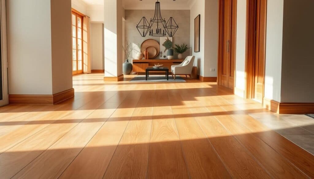 A warm, inviting entryway with smooth wood flooring seamlessly transitioning into sleek, modern tile. The scene is bathed in natural light, creating a dynamic interplay of textures and tones. In the foreground, the wood planks exhibit a rich, honey-toned hue, their grain patterns adding depth and character. As the flooring extends into the living room, the tiles take over, their neutral palette complementing the wooden accents. Subtly placed area rugs anchor the space, tying the two surfaces together. The overall atmosphere is one of refined elegance, where the natural and the refined coexist in perfect harmony.