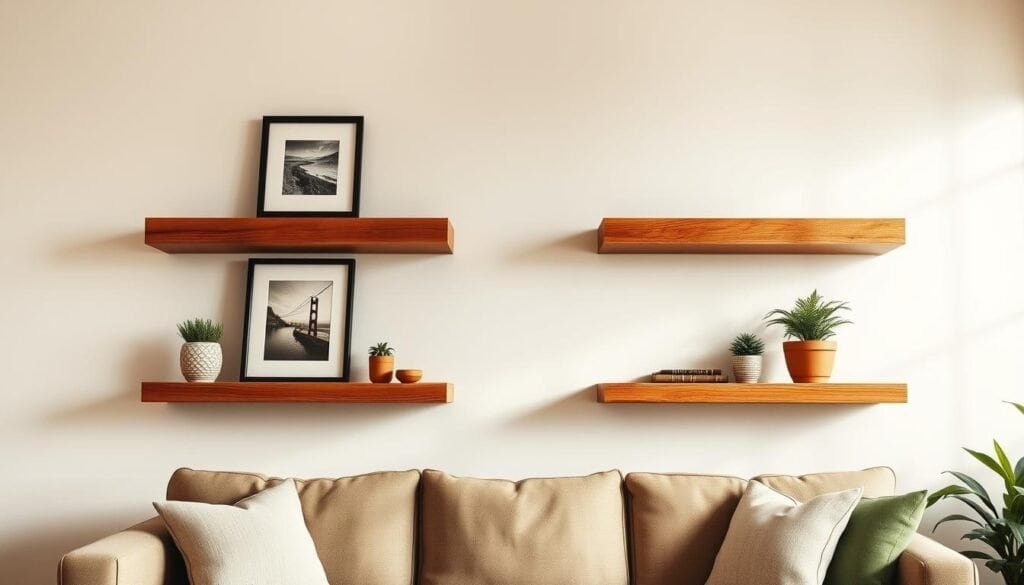 A warm, inviting floating wood shelves display in a cozy, well-lit living room. Smooth, natural wood planks hover effortlessly on the wall, their grain patterns visible in the soft, diffused light. Framed artwork and potted plants rest on the shelves, adding pops of color and texture. The shelves appear to be securely mounted, their sturdy construction complementing the room's overall rustic, modern aesthetic. The lighting, both from overhead and behind the shelves, casts a gentle glow that enhances the wood's rich tones. The scene exudes a sense of tranquility and balance, inviting the viewer to imagine displaying their own treasured items on these functional yet beautiful floating shelves.