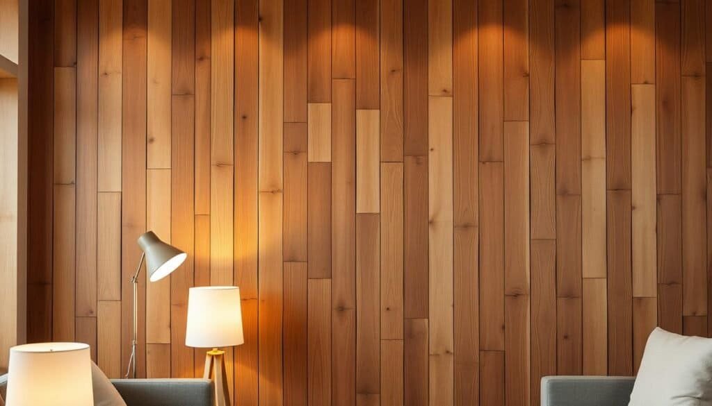 A warm, inviting interior with a prominent wooden accent wall. The organic grain and knots of the wood panels create a natural, tactile texture, radiating a sense of timeless craftsmanship. Soft, diffused lighting from floor lamps casts a gentle glow, highlighting the depth and warmth of the wood. The scene is completed by minimal, Scandinavian-inspired furnishings that allow the wood to take center stage as the foundation of this nurturing, nature-inspired space.